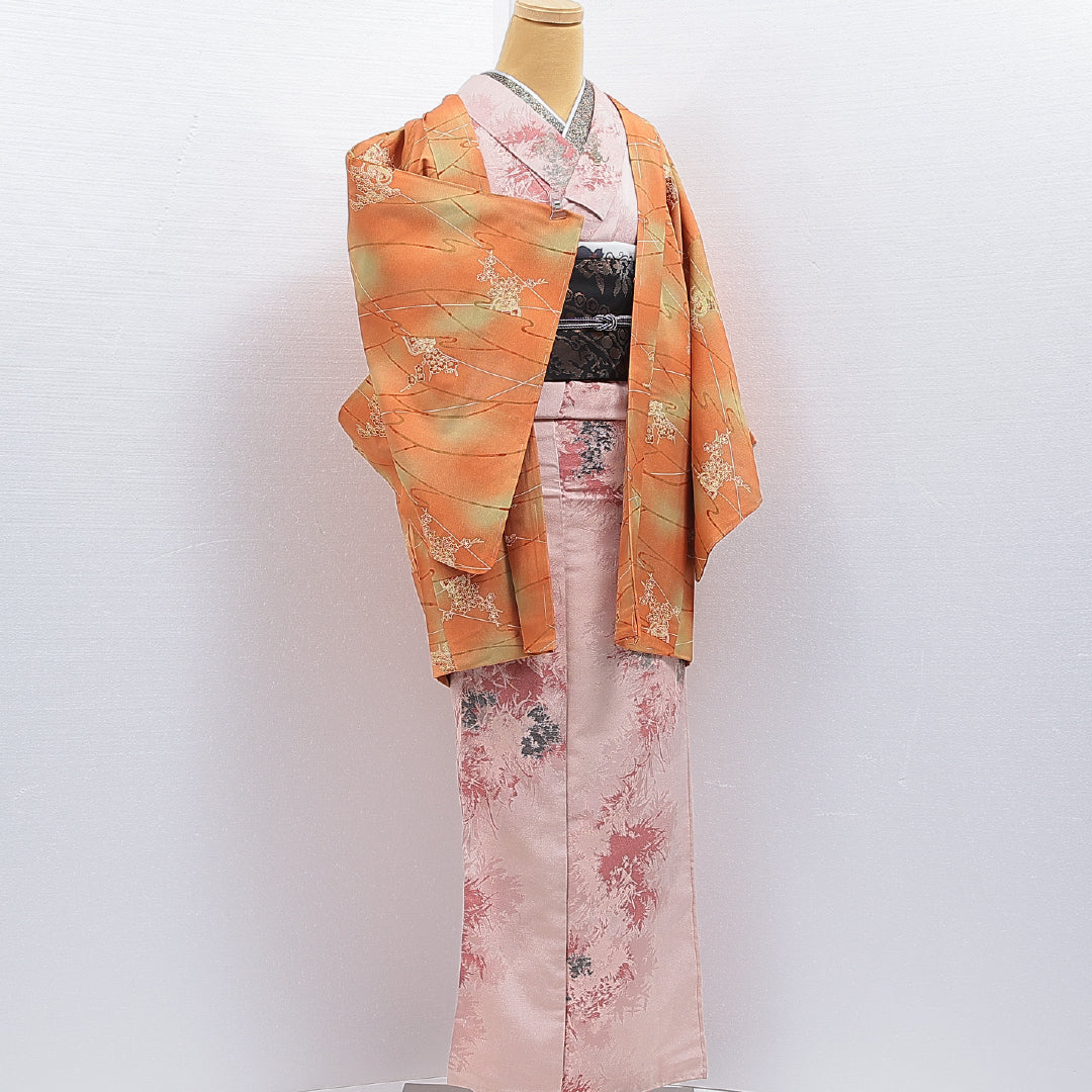 羽織 袷 身丈80cm 裄丈65cm 正絹 Aランク カジュアル Mサイズ ぼかし染 貝桶 梅 朱系 RP 1232-16191