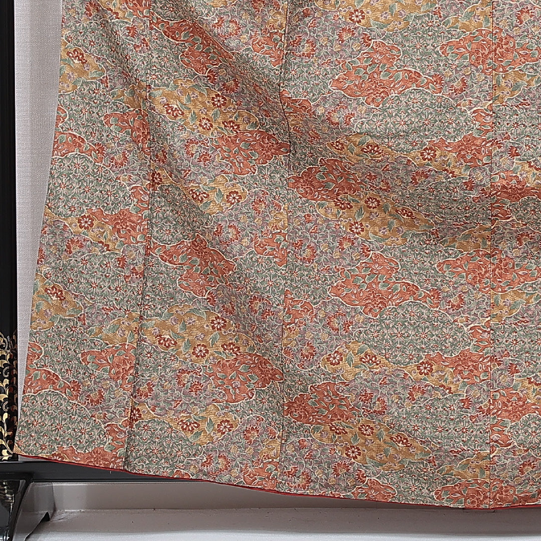 小紋 洗える着物 袷 身丈165cm 裄丈67cm ポリエステル Sランク XLサイズ 広衿 インフォーマル 花柄 多色系 茶系 1215-15799