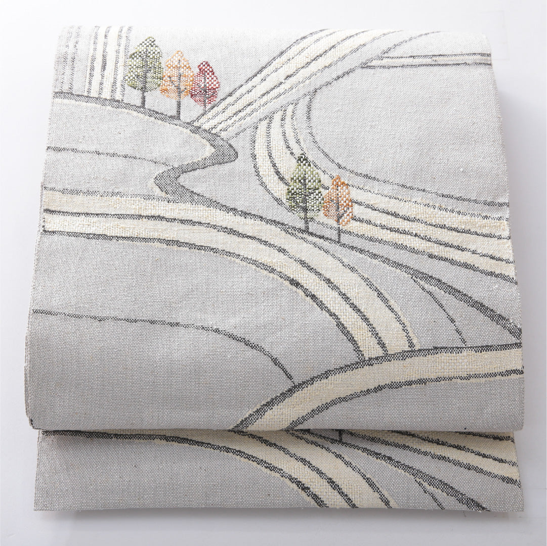 八寸名古屋帯(紬) 帯丈351cm カジュアル 松葉仕立て 六通 Cランク 正絹 創作柄 グレー系 1224-03901