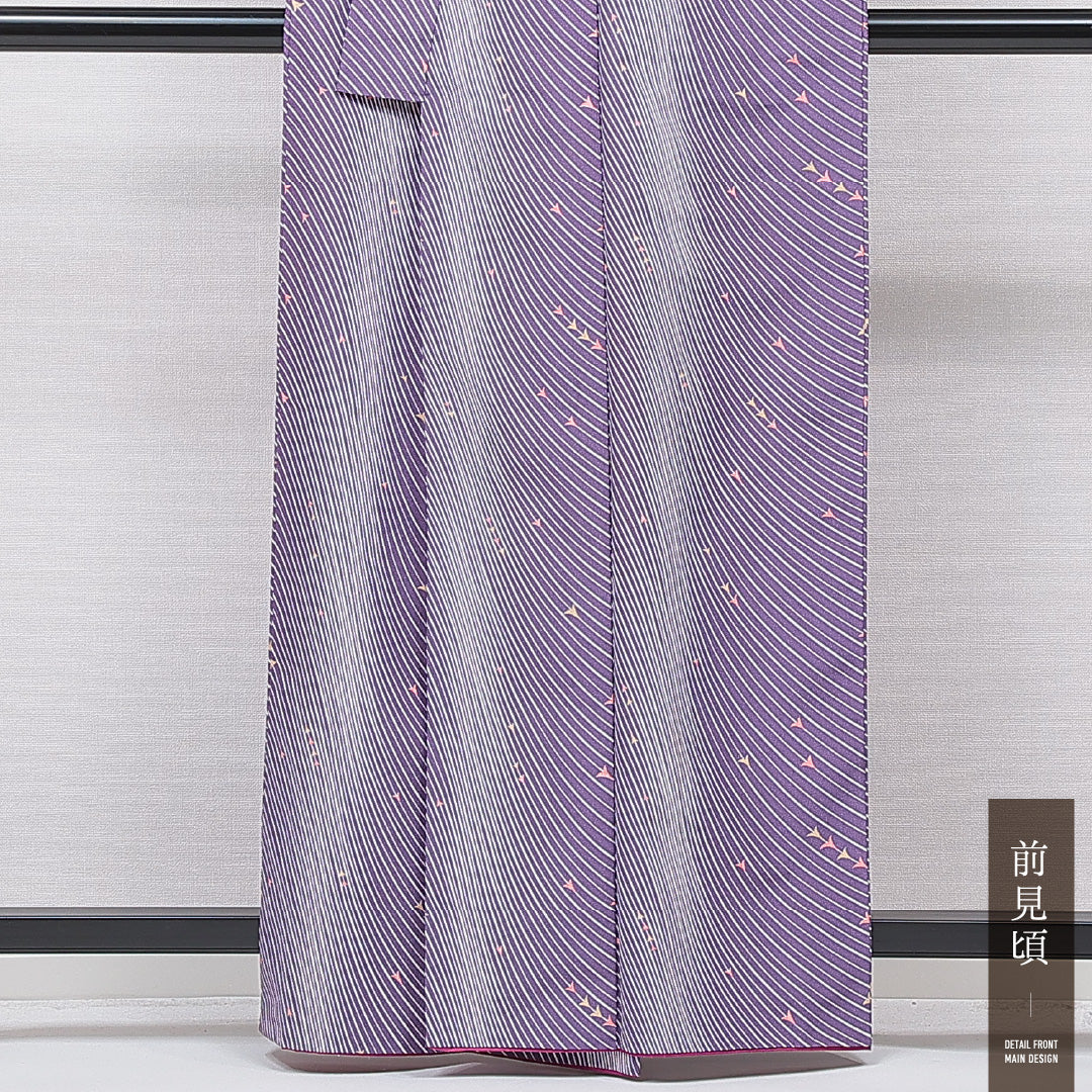 洗える着物 小紋 袷 身丈160cm 裄丈64cm ポリエステル Sランク インフォーマル バチ衿 Lサイズ 創作柄 紫系 RP 1221-15756