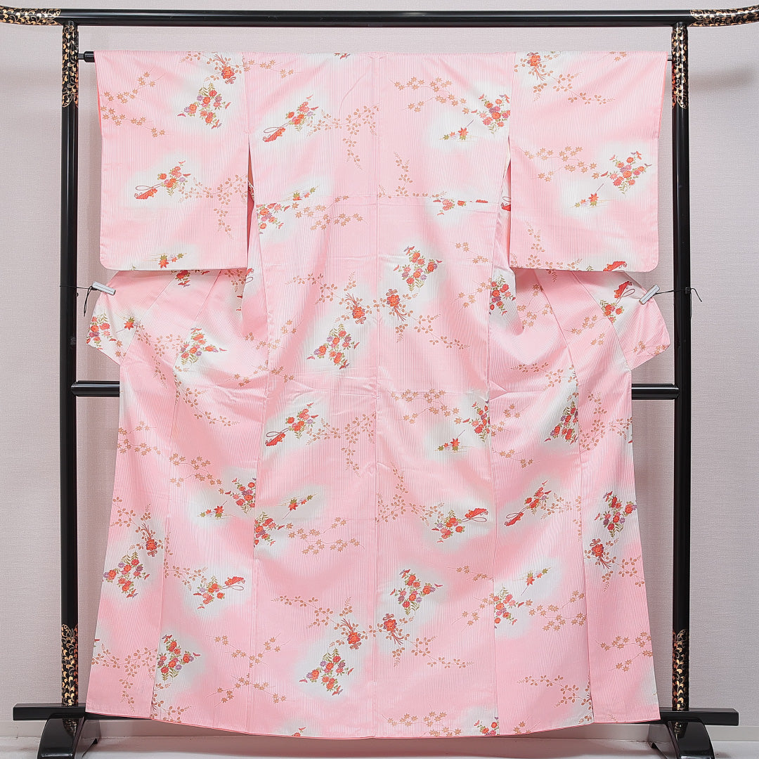 小紋 洗える着物 袷 身丈162cm 裄丈65cm ポリエステル Cランク Lサイズ 広衿 インフォーマル 菊 紅葉 ピンク系 1215-16054