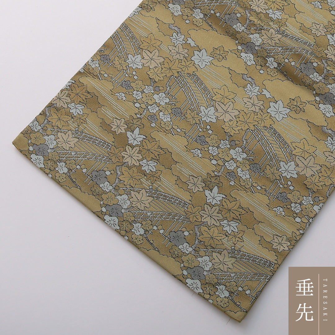 九寸名古屋帯 帯丈342cm セミフォーマル 名古屋仕立て 六通 Aランク 正絹 橋 紅葉 緑系 1224-03500