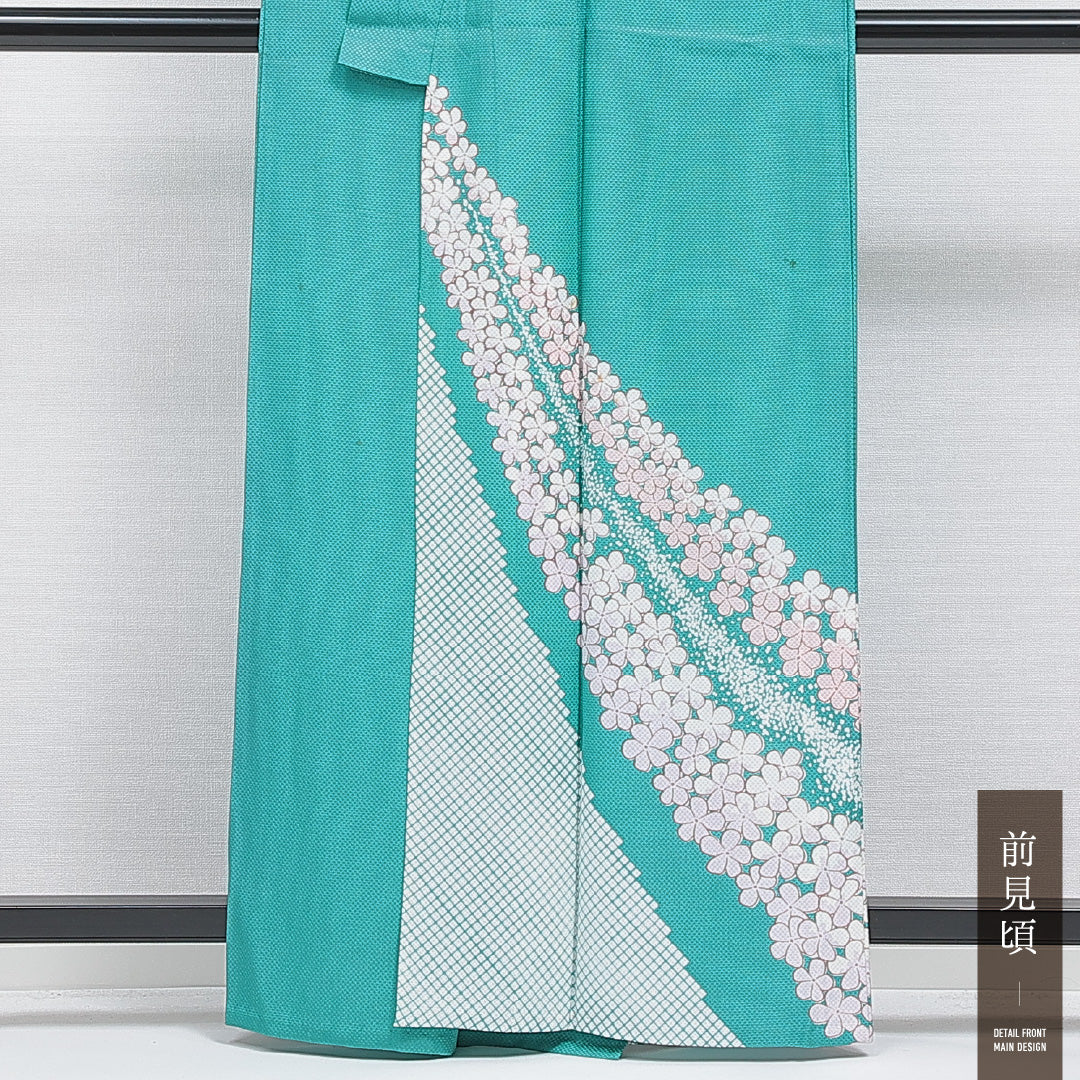 付下げ 洗える着物 単衣 身丈160cm 裄丈63cm ポリエステル Cランク Lサイズ バチ衿 インフォーマル 花柄 緑系 青系 1261-16300