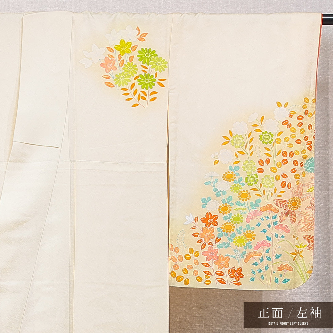 付下げ 袷 身丈166cm 裄丈66cm 正絹 Cランク XLサイズ 広衿 インフォーマル 花柄 クリーム系 1261-15655