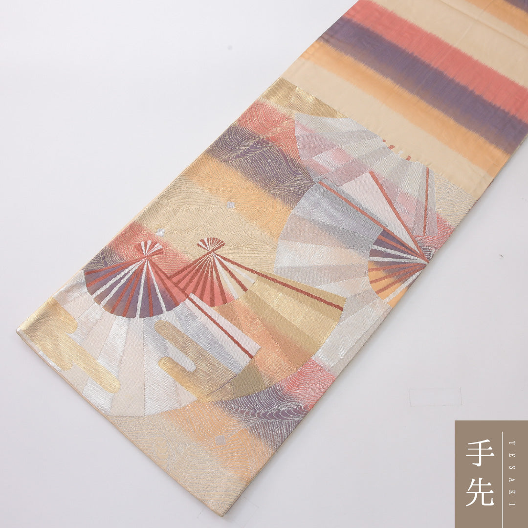 袋帯 帯丈432cm フォーマル 六通 帯芯なし Sランク 正絹 扇 エ霞 多色系 1223-02239