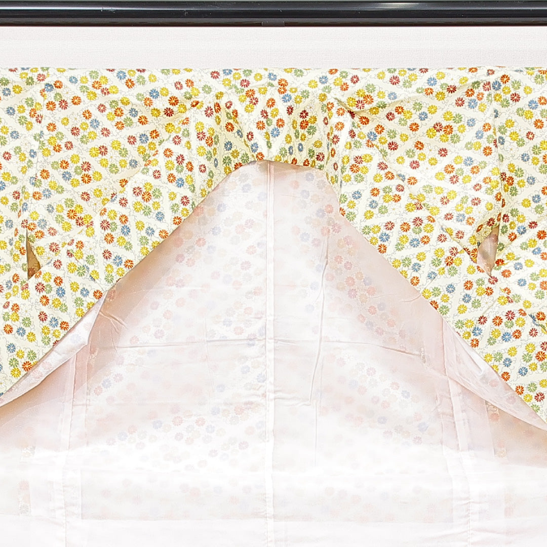 小紋 袷 身丈152cm 裄丈62cm 正絹 Sランク Sサイズ 広衿 インフォーマル 唐菊 クリーム系 1215-15104