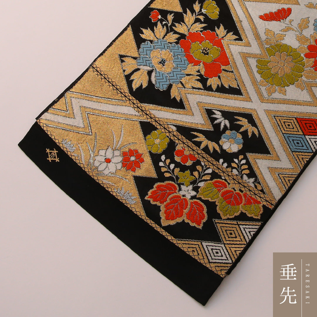 袋帯 帯丈412cm フォーマル 六通 未仕立て 帯芯なし Bランク 正絹 吉祥文様 松皮菱 黒系 金系 1223-01892