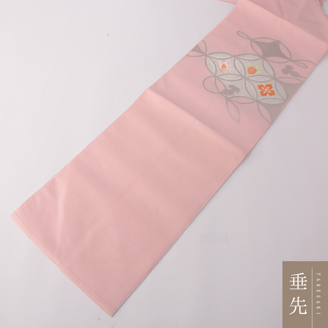 未使用品 九寸名古屋帯 Nランク 帯丈346cm 正絹 ポイント柄 名古屋仕立て 織り セミフォーマル 七宝 家紋柄 ピンク系 RP 1245-03170
