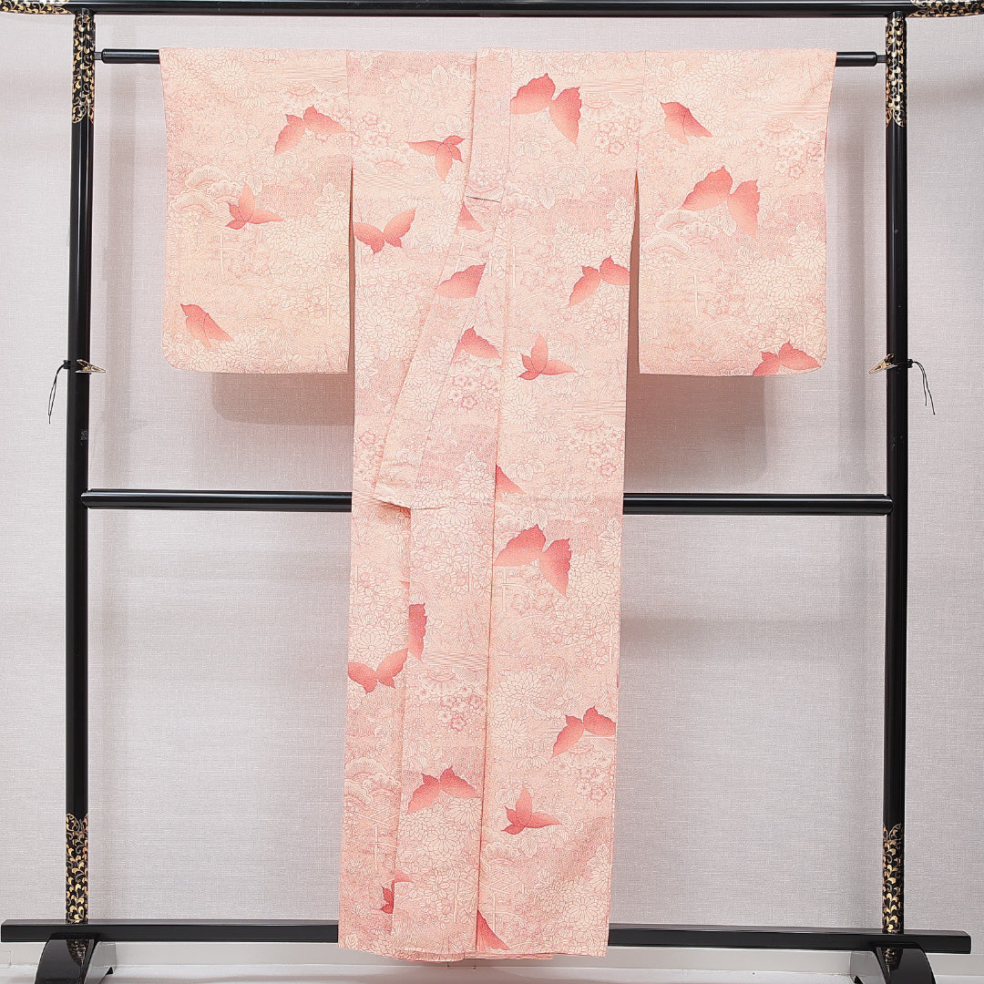 小紋 袷 身丈154cm 裄丈62cm 正絹 Sランク インフォーマル バチ衿 Sサイズ 蝶 菊 赤系 RP 1221-15470