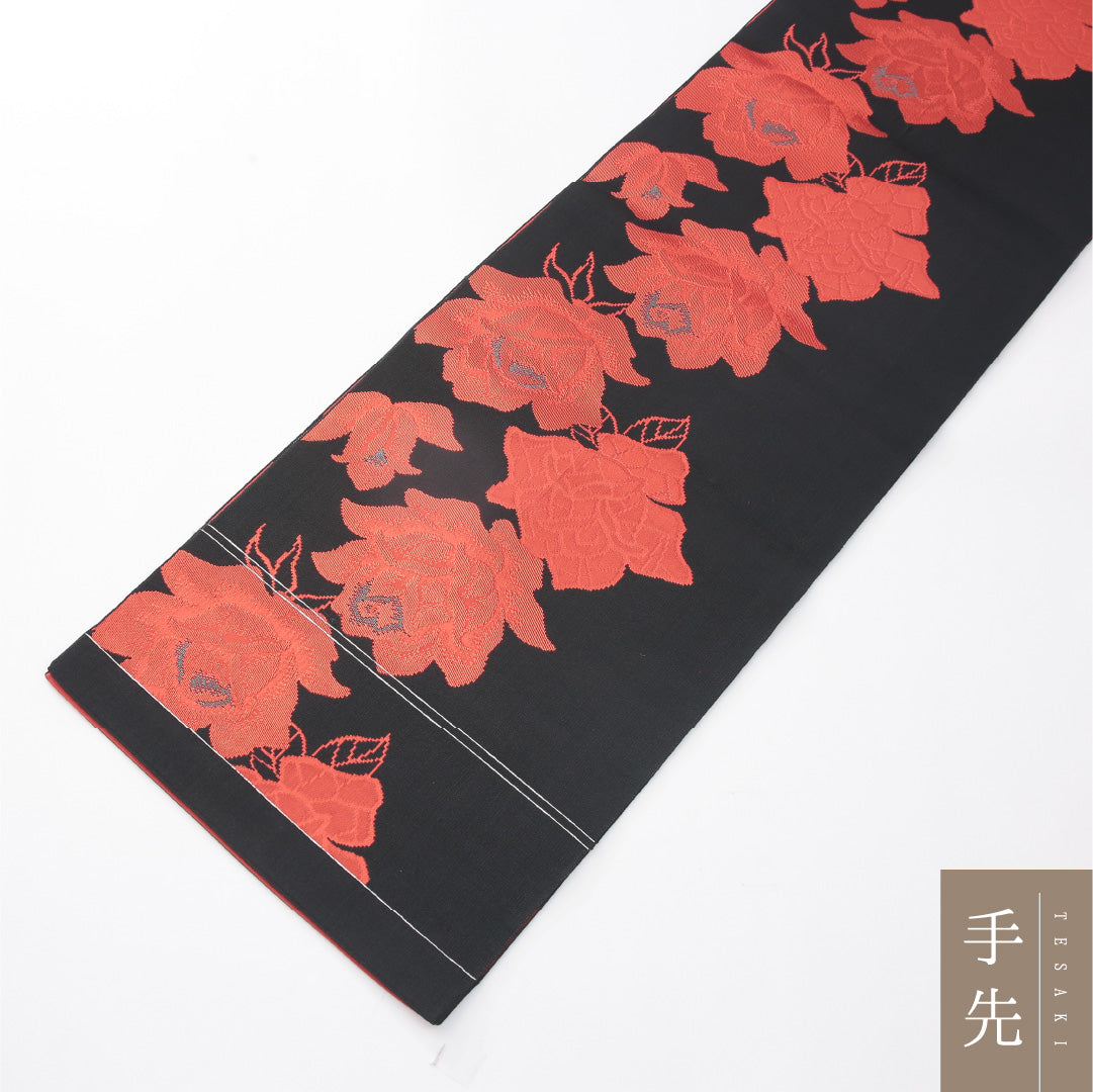 八寸名古屋帯 Sランク 帯丈388cm 正絹 全通 開き仕立て 織り カジュアル 薔薇 黒系 RP 1245-04184