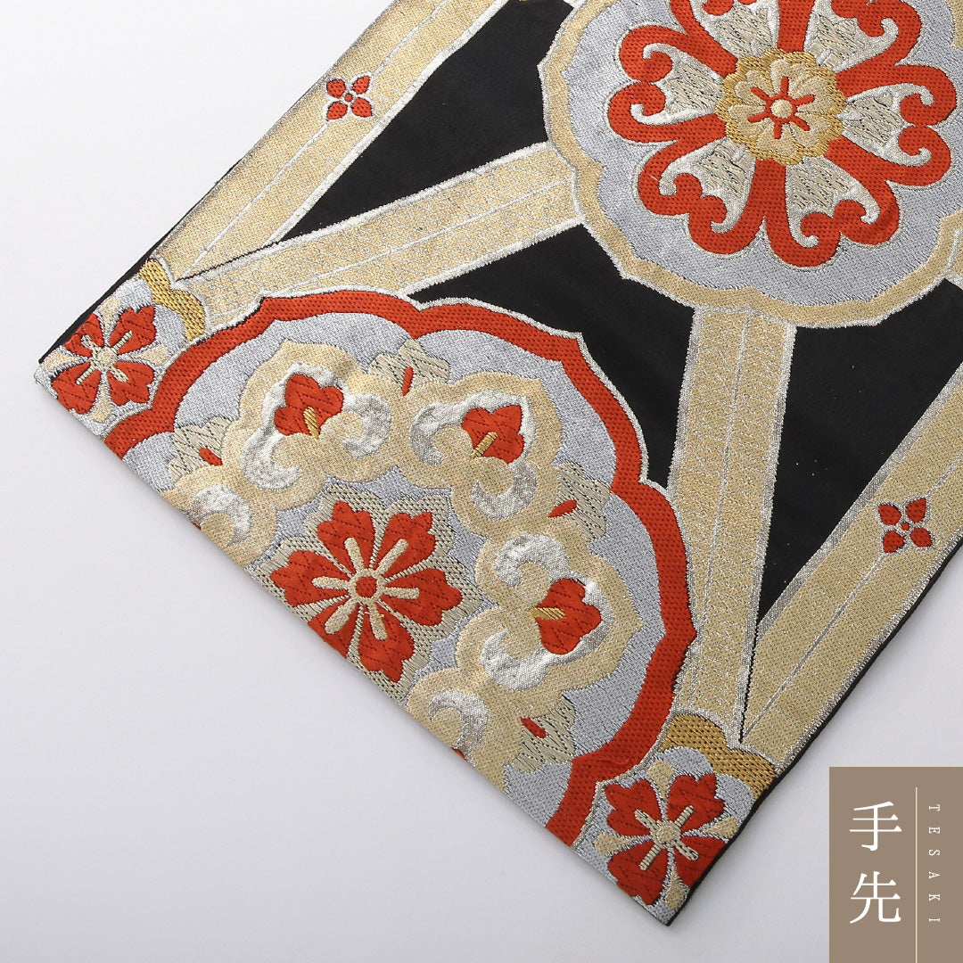 アンティーク 袋帯 帯丈400cm 六通 Aランク 正絹 鏡裏文 黒系 1223-02088