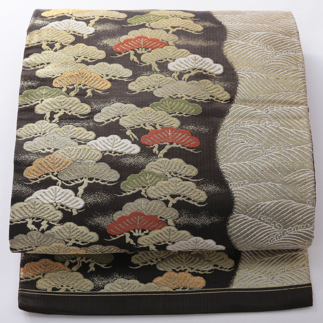 九寸名古屋帯 帯丈338cm インフォーマル 名古屋仕立て 六通 Sランク 正絹 波頭 笠松 茶系 黒系 1224-03915