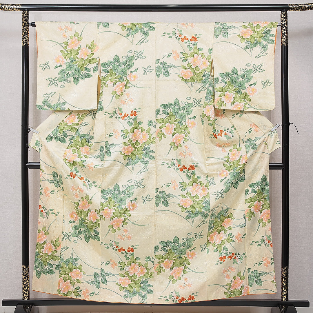 小紋 洗える着物 袷 身丈160cm 裄丈64cm ポリエステル Cランク Lサイズ バチ衿 インフォーマル 椿 クリーム系 1215-15839