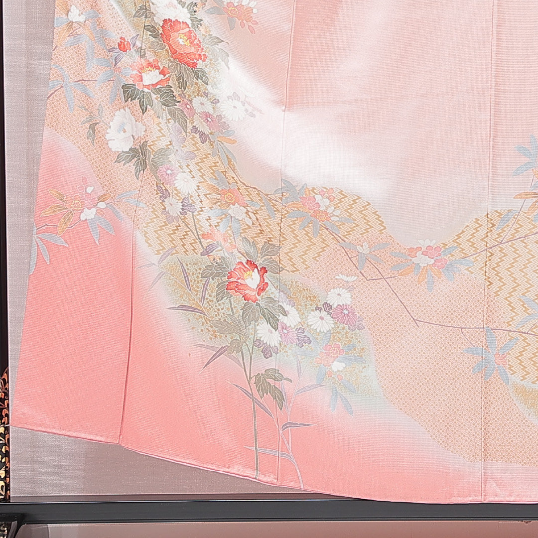 訪問着 袷 身丈153cm 裄丈64cm 正絹 Cランク セミフォーマル 広衿 Sサイズ 金彩 七宝 牡丹 ピンク系 LP 1217-15196