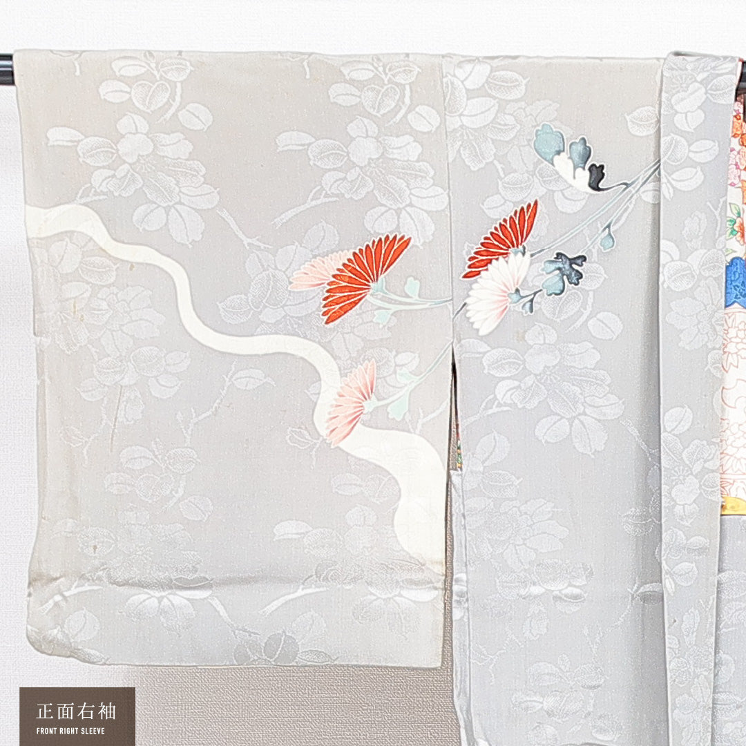 アンティーク 羽織 袷 身丈84cm 裄丈65cm 正絹 Cランク Mサイズ 菊 グレー系 1217-16806