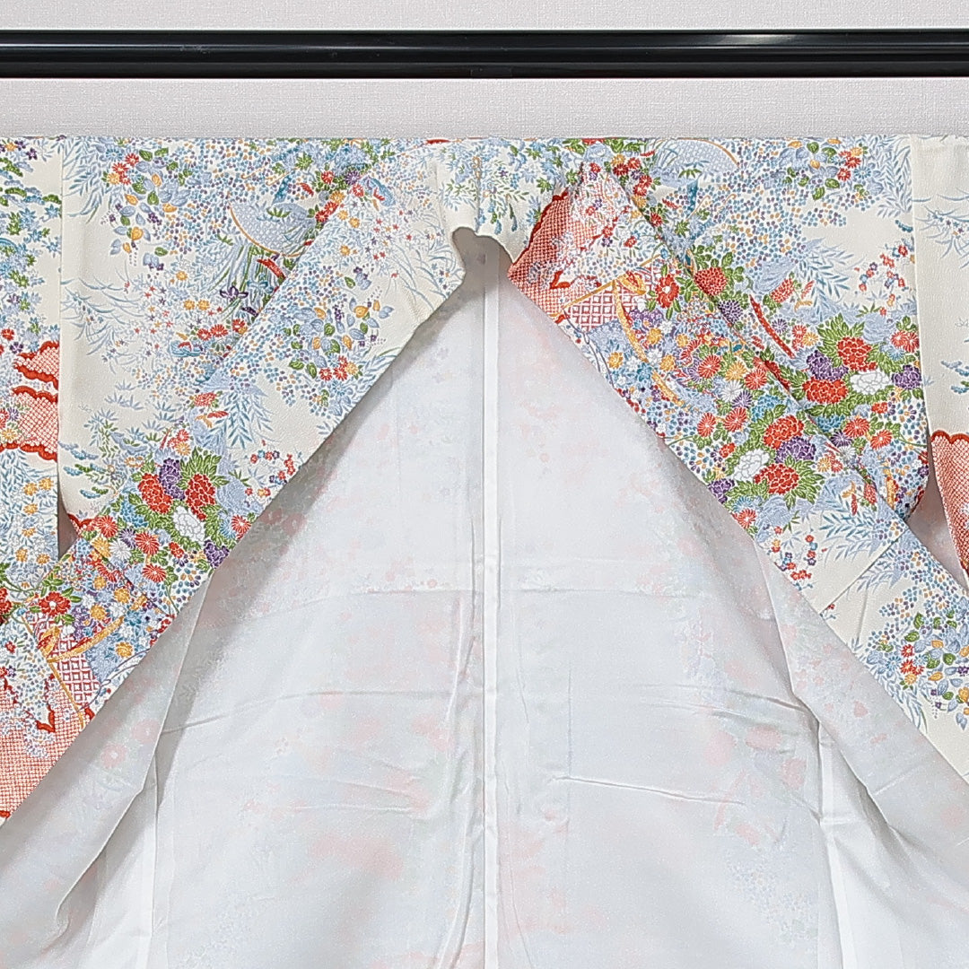未使用品 小紋 袷 身丈160cm 裄丈64cm 正絹 Nランク インフォーマル 広衿 Lサイズ 花車 山水 白系 RP 1221-15014