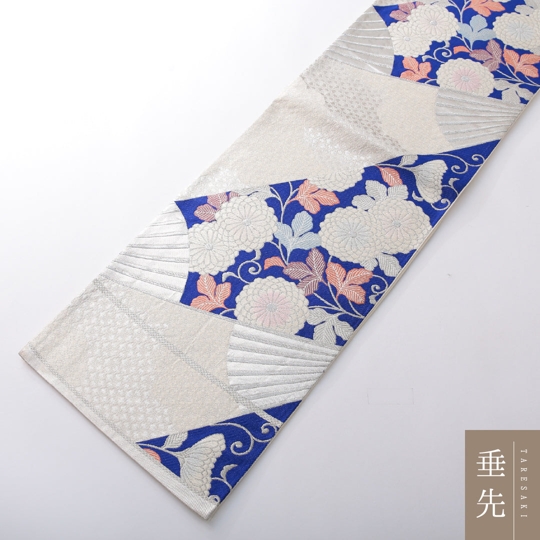 袋帯 帯丈428cm 正絹 六通 帯芯なし フォーマル 菊唐草文 扇面文 吉祥文様 クリーム系 1243-02147