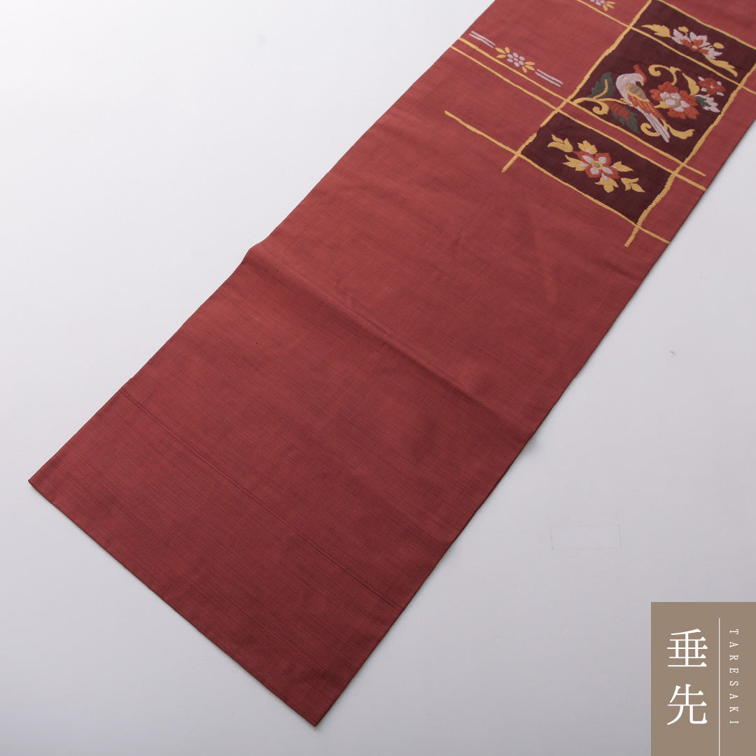 九寸名古屋帯 Sランク 帯丈350cm 正絹 ポイント柄 名古屋仕立て 織り カジュアル 紬 花鳥文 赤系 RP 1245-03663