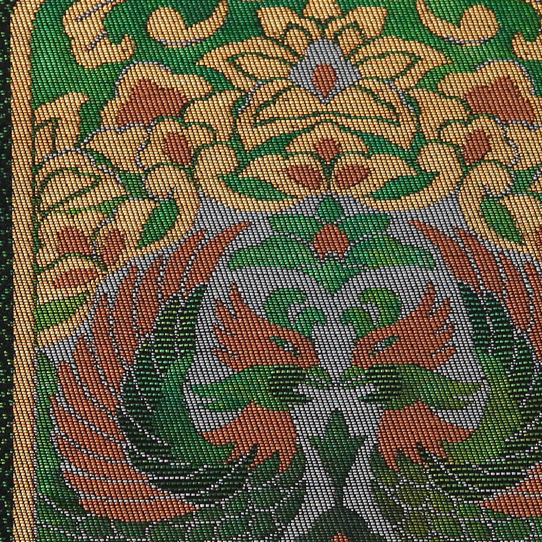 袋帯 帯丈420cm 正絹 六通 フォーマル 綴れ織 双鳥唐花文 緑系 金系 1243-01962