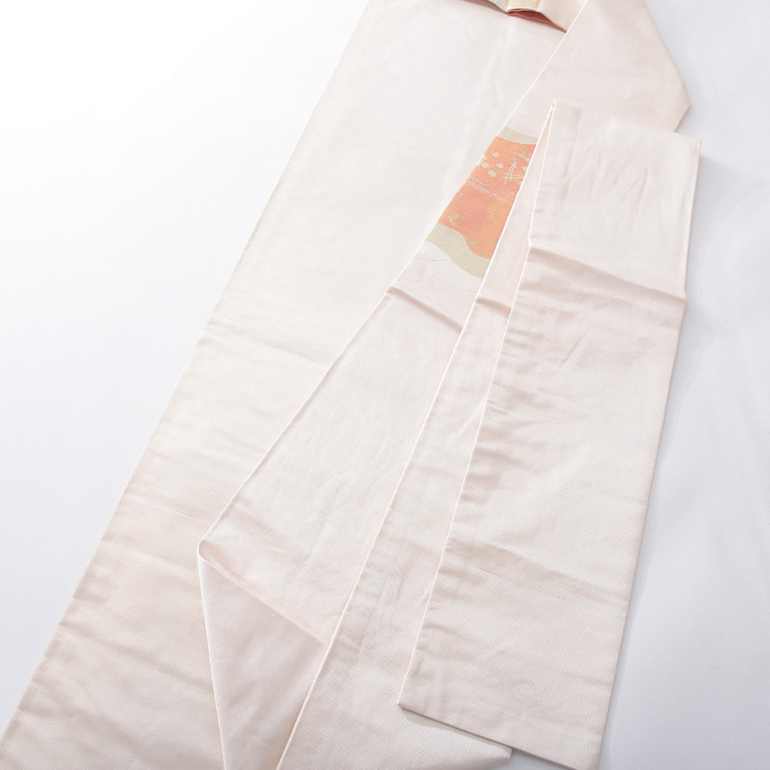 九寸名古屋帯 帯丈354cm セミフォーマル 名古屋仕立て ポイント柄 Sランク 正絹 松葉 創作柄 ベージュ系 ピンク系 1224-03900