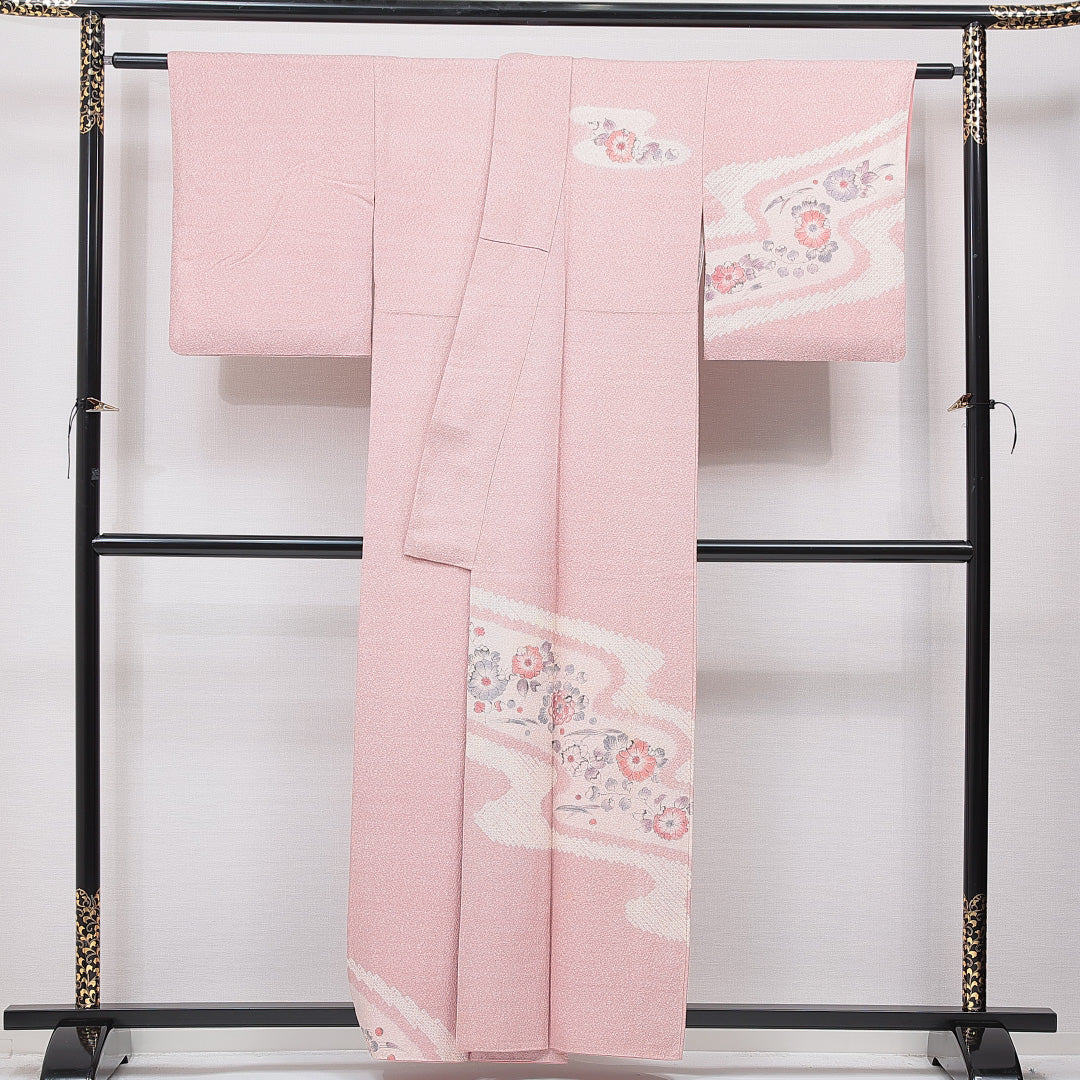 訪問着 袷 身丈157cm 裄丈63cm 正絹 Cランク 一つ紋 セミフォーマル 広衿 Mサイズ 花柄 ピンク系 HP 1217-15695