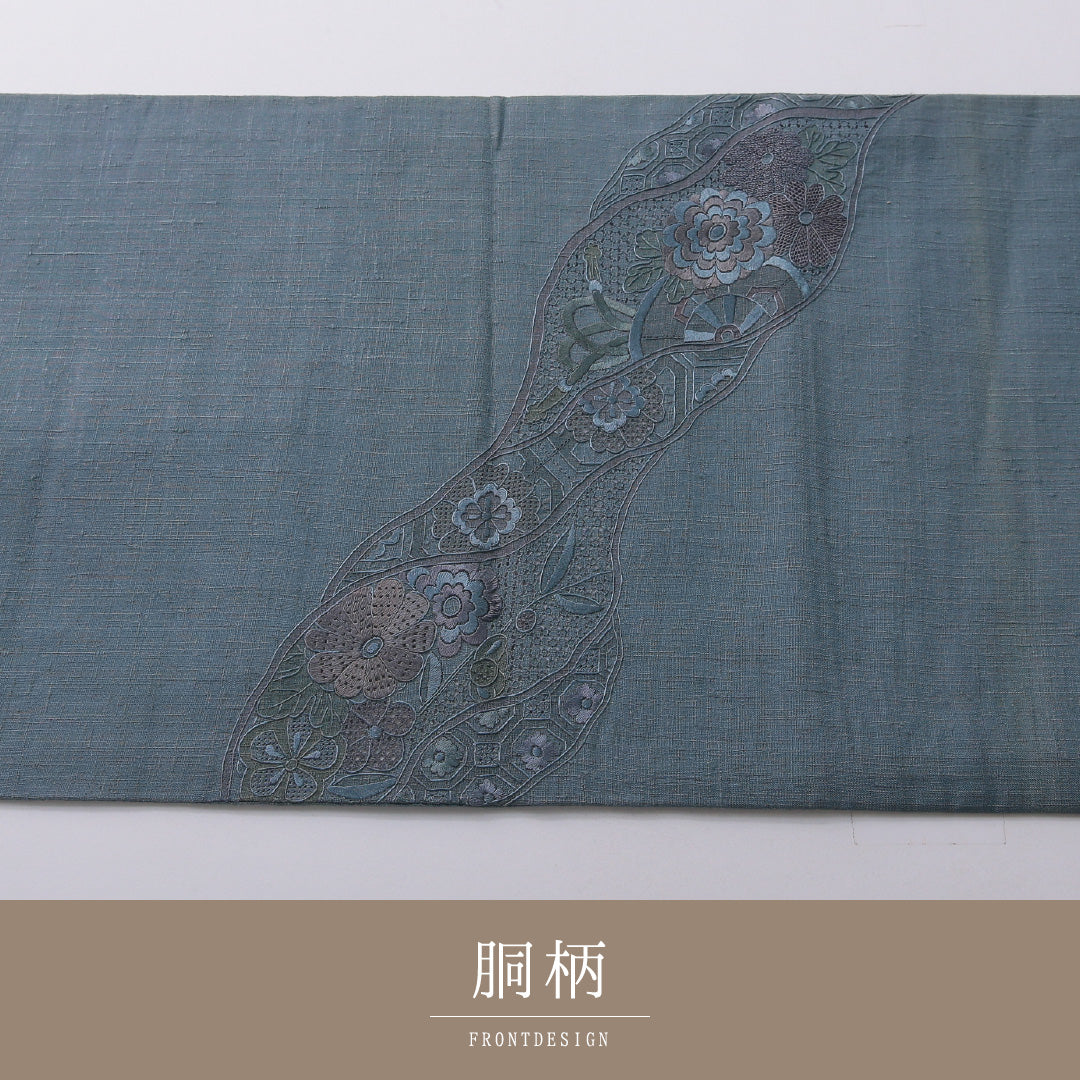 袋帯 帯丈456cm フォーマル ポイント柄 Bランク 正絹 汕頭刺繡 菊 青系 緑系 1223-02067