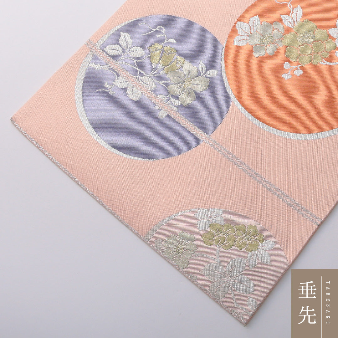 九寸名古屋帯 帯丈365cm インフォーマル 名古屋仕立て 六通 Aランク 正絹 丸文 椿 ピンク系 1224-03490