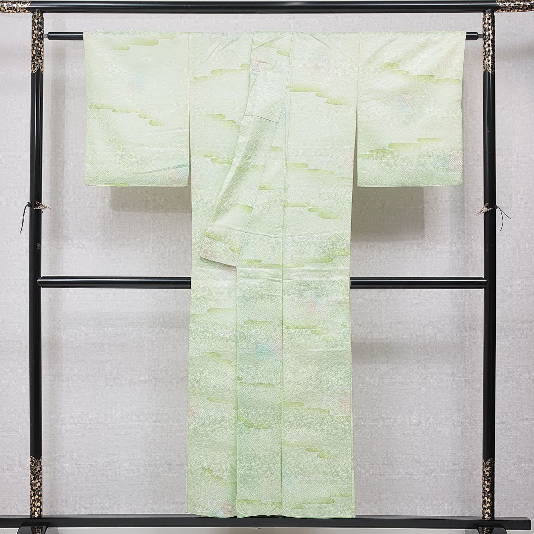 小紋 洗える着物 袷 身丈150cm 裄丈62cm ポリエステル Cランク Sサイズ 広衿 インフォーマル 古典柄 緑系 1215-15797