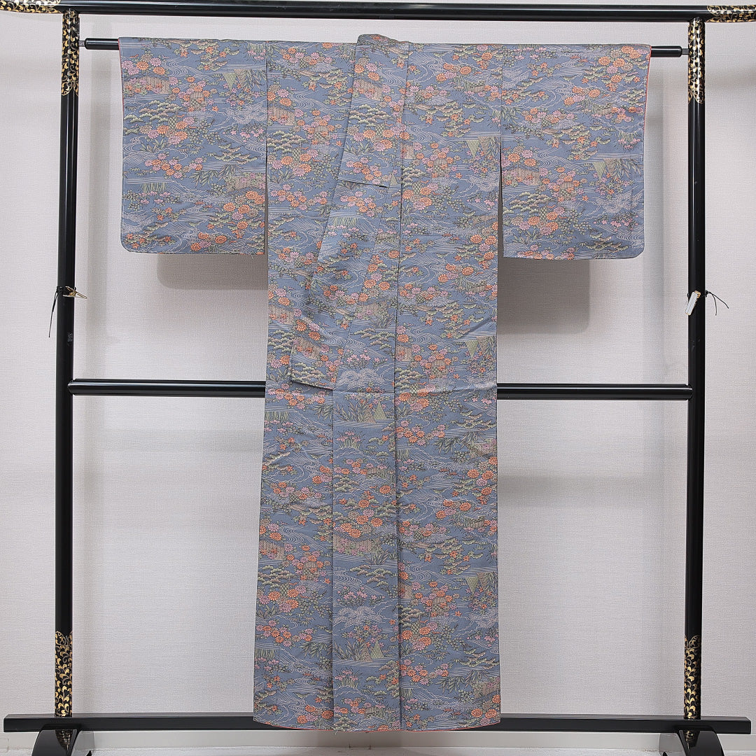 洗える着物 小紋 袷 身丈152cm 裄丈60cm ポリエステル Sランク インフォーマル 広衿 Sサイズ 菊 笹 グレー系 RP 1221-15689