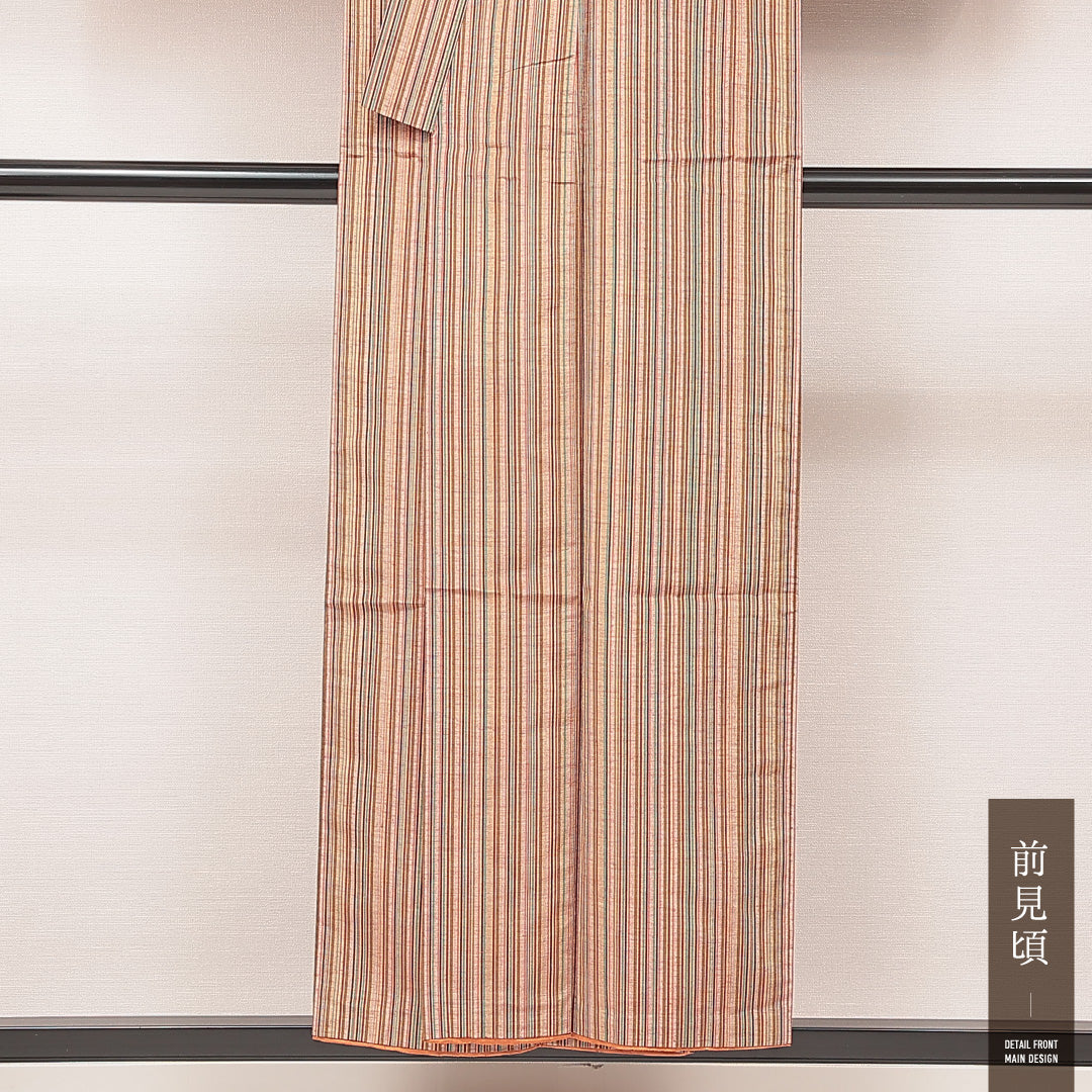 紬 袷 身丈152cm 裄丈62cm 正絹 Sランク カジュアル バチ衿 Sサイズ 縞 ベージュ系 RP 1223-16905