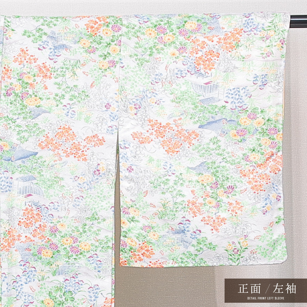 小紋 洗える着物 袷 身丈161cm 裄丈63cm ポリエステル Sランク Lサイズ 広衿 インフォーマル 菊 グレー系 1215-15101