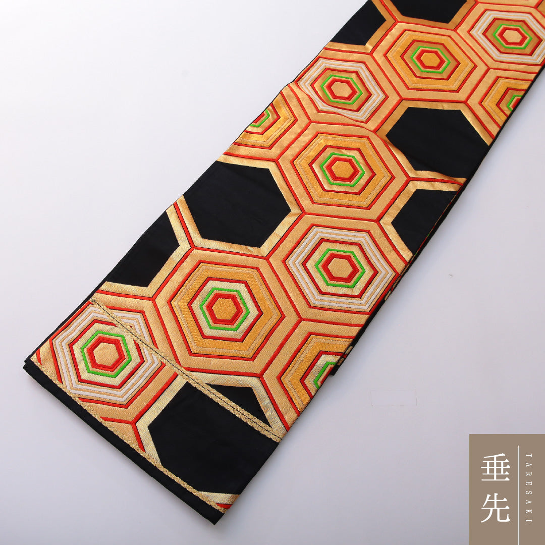 アンティーク 袋帯 帯丈424cm 六通 Aランク 正絹 亀甲 黒系 1223-01999