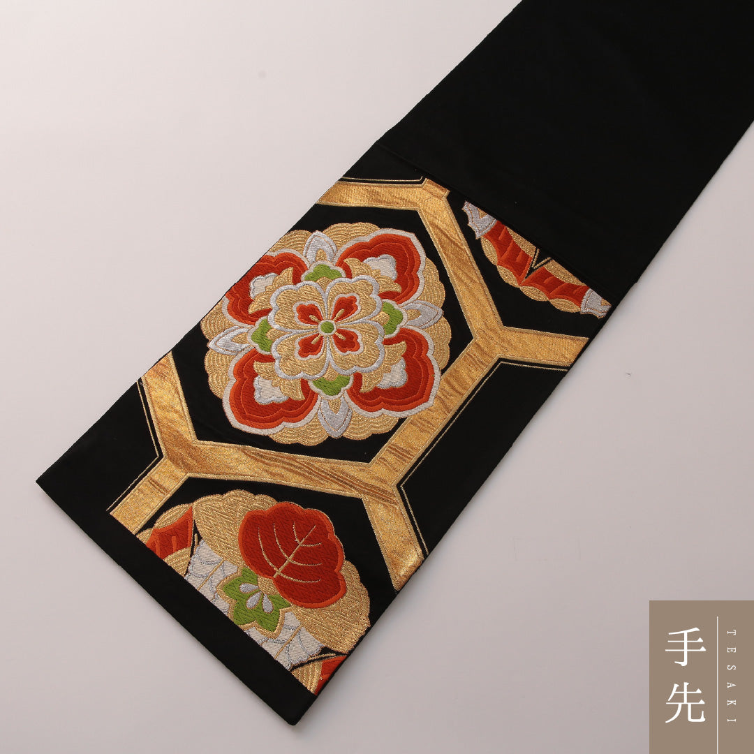 袋帯 帯丈418cm フォーマル 六通 Sランク 正絹 花菱 亀甲 黒系 金系 1223-01890