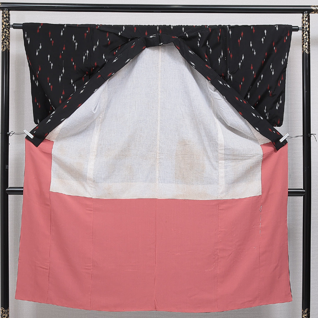 アンティーク お召 袷 身丈143cm 裄丈62cm 正絹 Bランク XSサイズ バチ衿 創作柄 黒系 1265-15967