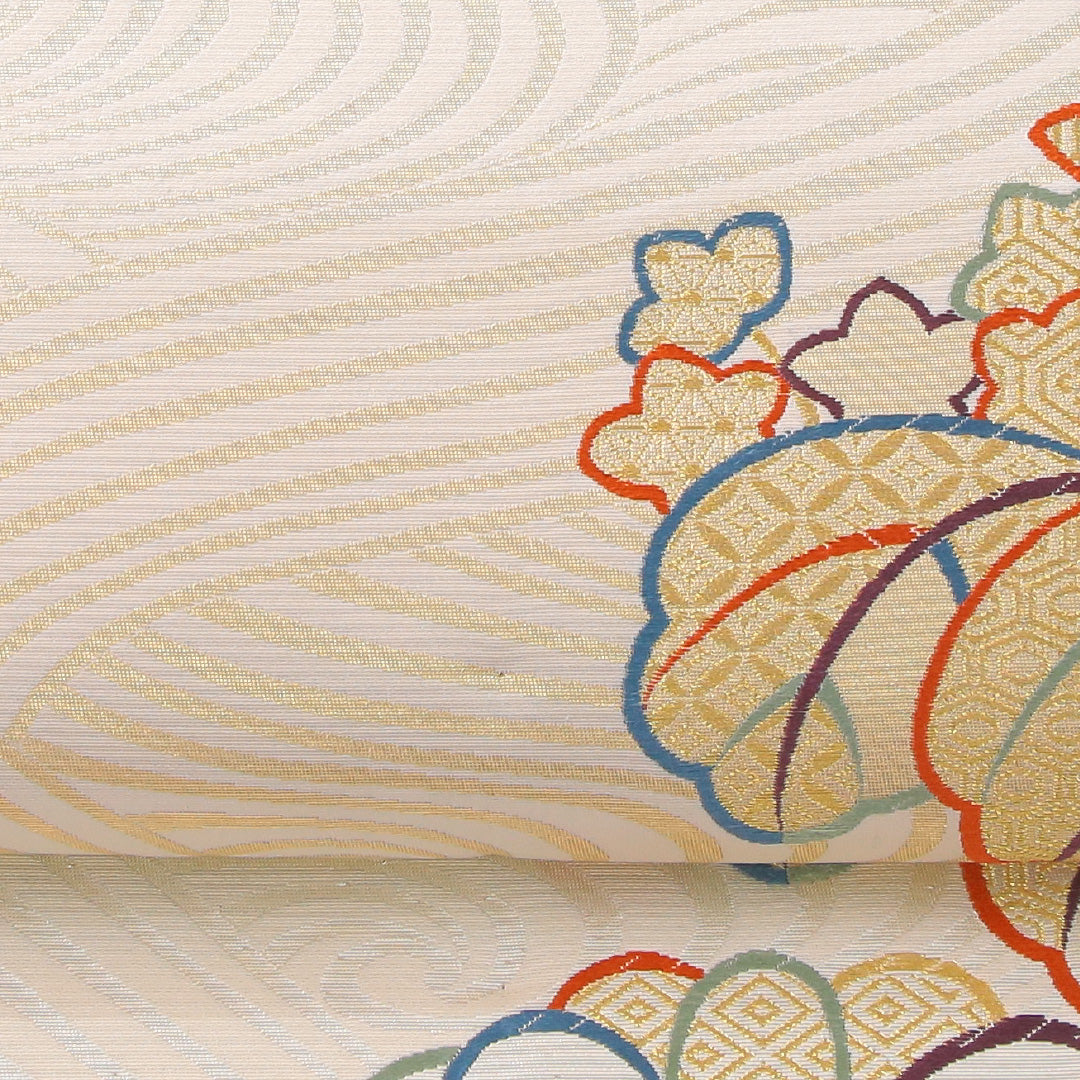 未使用品 袋帯 帯丈436cm 正絹 六通 フォーマル 家紋柄 荒磯 菊 桐 クリーム系 1243-02302