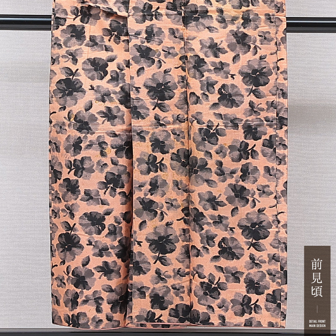 アンティーク 紬(銘仙) 袷 身丈150cm 裄丈62cm 正絹 Cランク Sサイズ 広衿 花柄 朱系 1216-15682