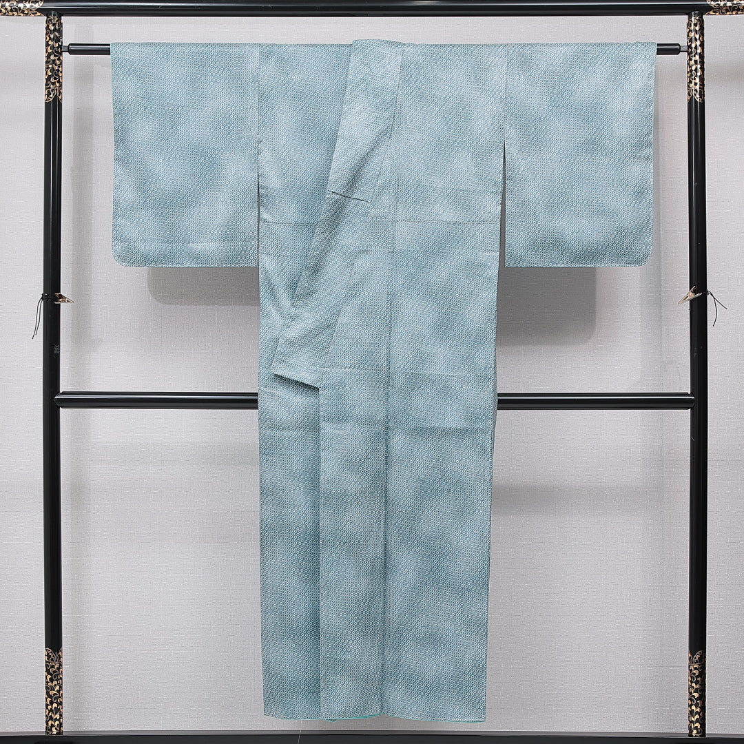 小紋 洗える着物 袷 身丈147cm 裄丈64cm ポリエステル Sランク XSサイズ 広衿 インフォーマル 鹿の子柄 緑系 1215-15794