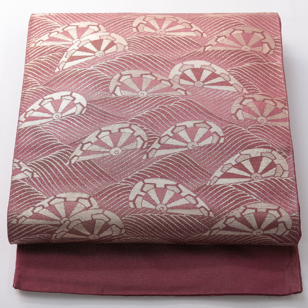 袋帯 帯丈440cm フォーマル 六通 帯芯なし Aランク 正絹 源氏車 紫系 赤系 1223-02127