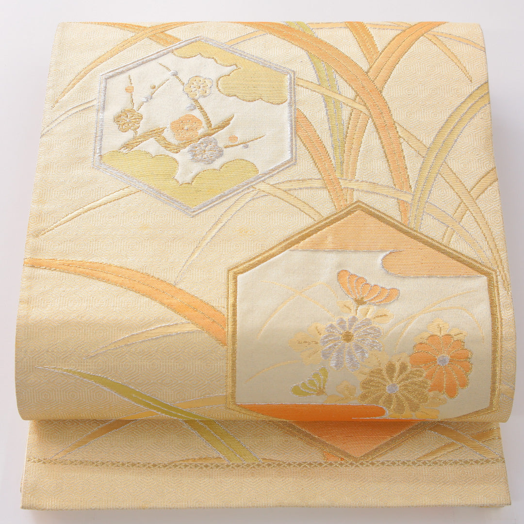 袋帯 帯丈416cm フォーマル 六通 Aランク 正絹 亀甲 菊 黄系 クリーム系 1223-02291