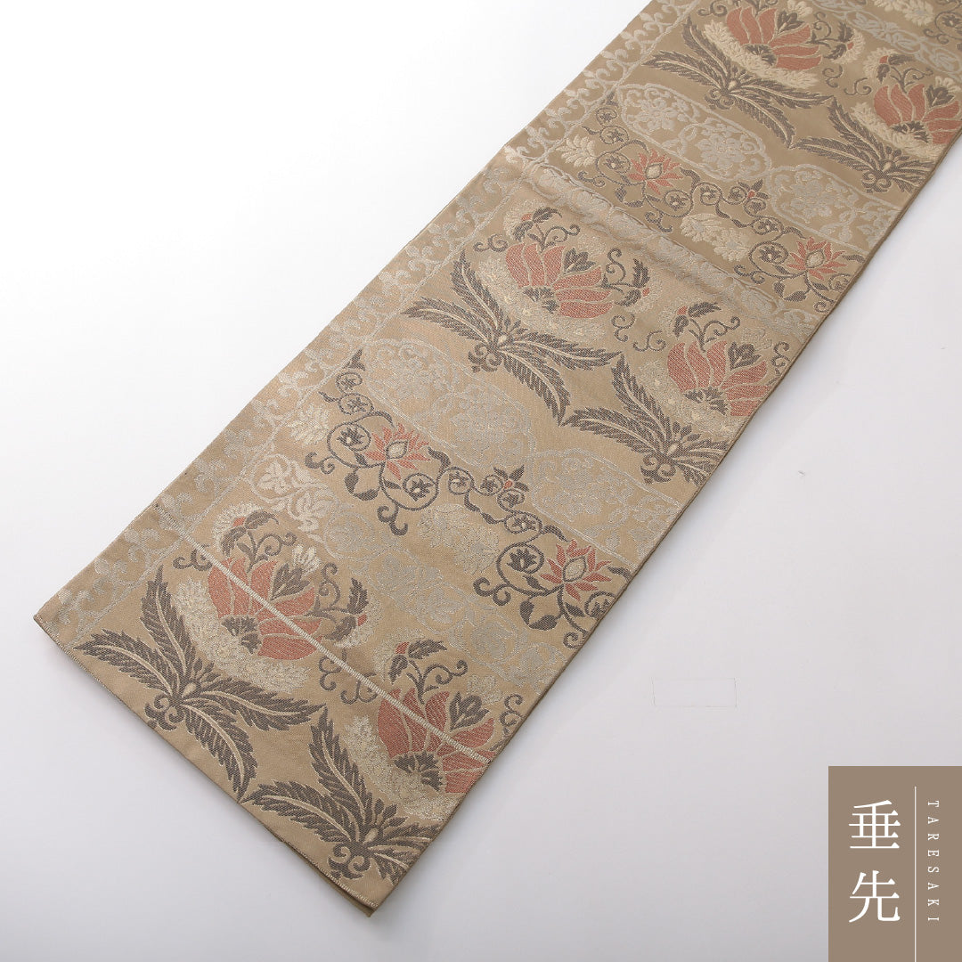 袋帯 帯丈410cm 正絹 六通 帯芯なし インフォーマル ペルシャ文様 ベージュ系 1243-02141