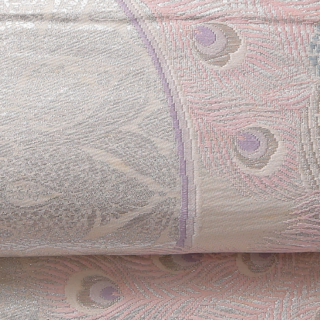 振袖用 袋帯 帯丈416cm 正絹 六通 鏡裏文 孔雀 銀系 クリーム系 1243-01790