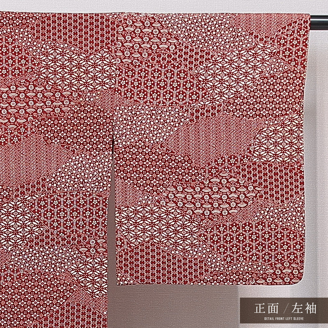 江戸小紋(寄せ柄) 単衣 身丈154cm 裄丈65cm 正絹 Cランク Sサイズ 広衿 インフォーマル 赤系 1262-15679