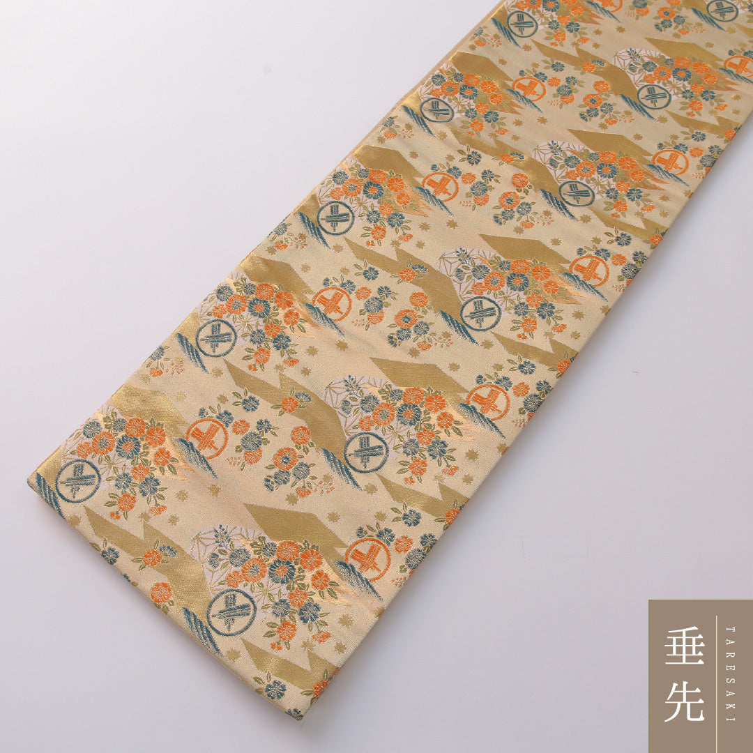 袋帯 帯丈424cm 正絹 全通 フォーマル 家紋柄 吉祥文様 金系 1243-01930