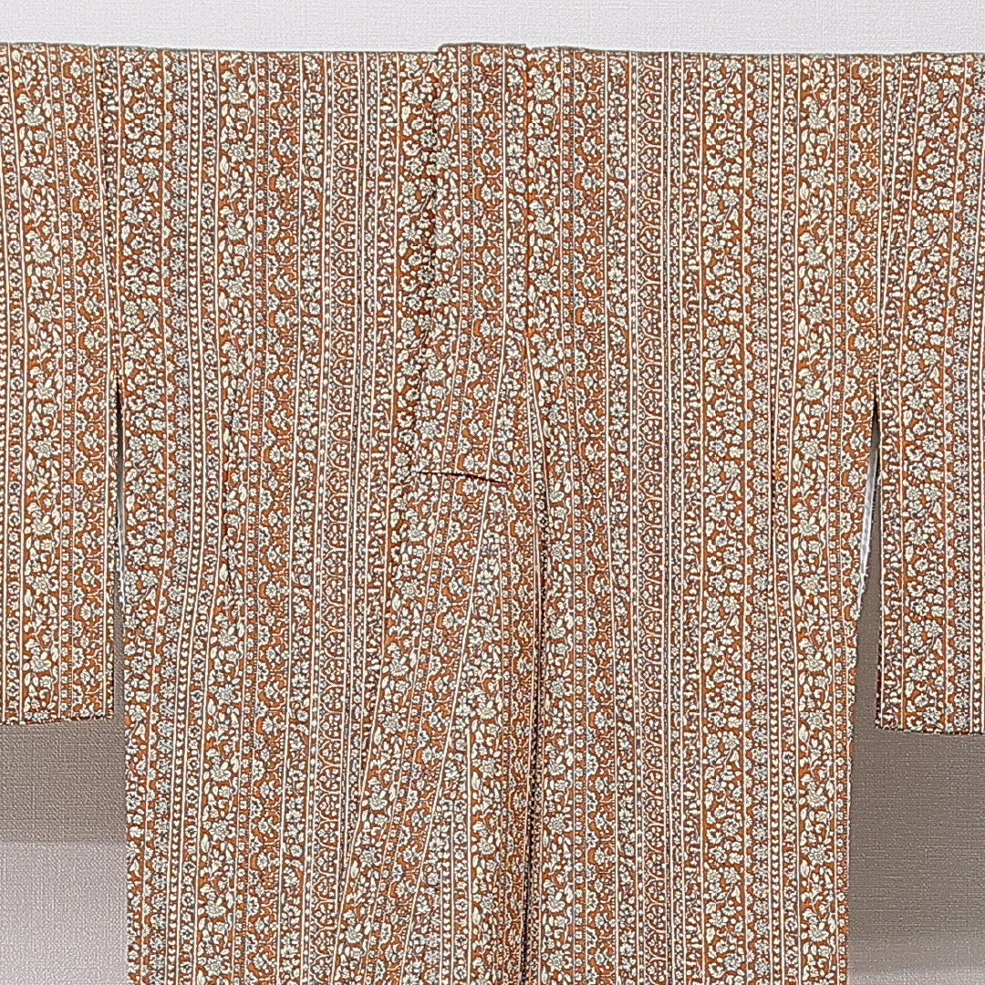 小紋 袷 身丈156cm 裄丈65cm 正絹 Dランク Mサイズ バチ衿 インフォーマル 更紗 花柄 茶系 1215-15710