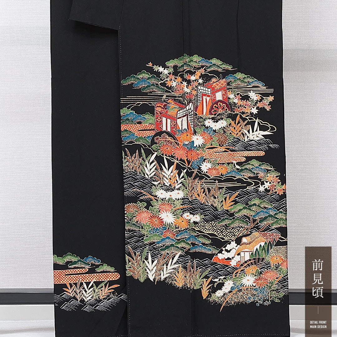 黒留袖 袷 身丈158cm 裄丈64cm 三つ紋 五三桐 フォーマル Sランク Mサイズ ポリエステル 洗える着物 比翼仕立て 広衿 御所車 菊 紅葉 1211-F0675