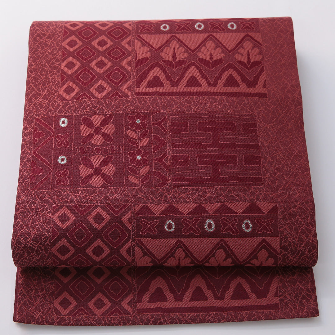 袋帯 帯丈436cm セミフォーマル 六通 帯芯なし Sランク 正絹 幾何学柄 赤系 1223-01973