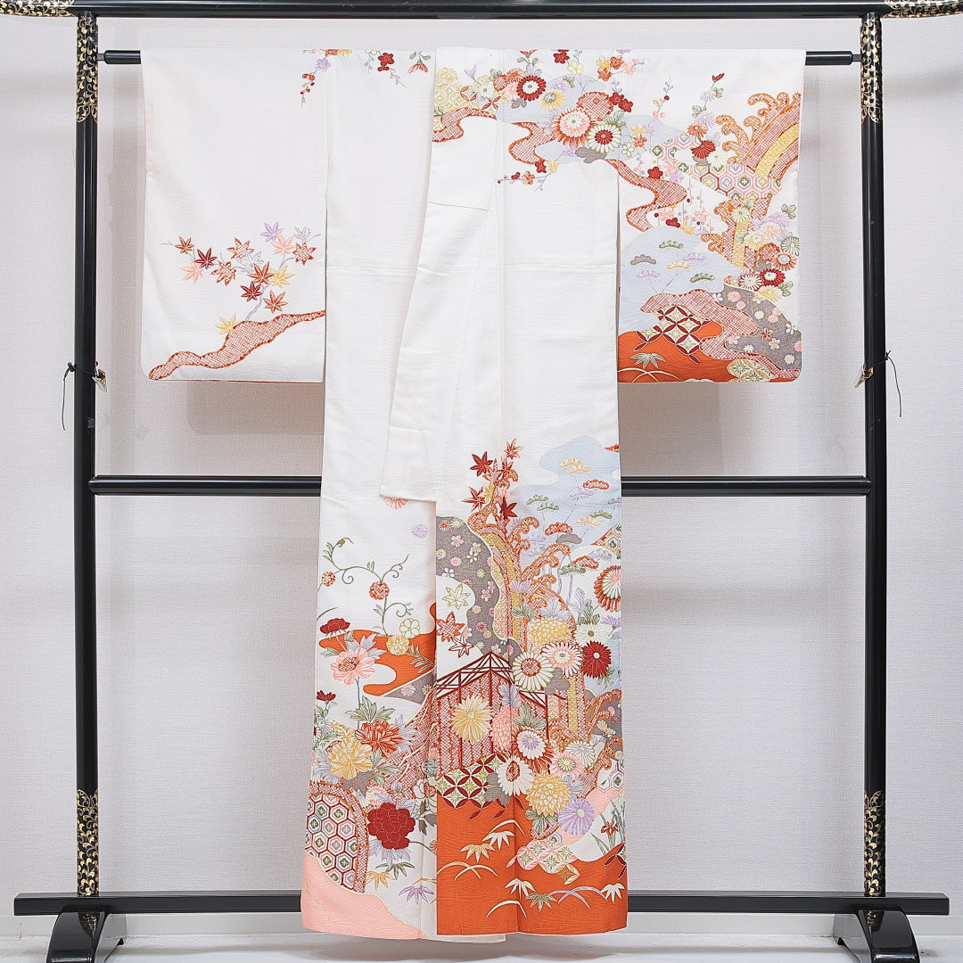 訪問着 洗える着物 袷 身丈158cm 裄丈64cm ポリエステル Aランク Mサイズ 広衿 セミフォーマル 吉祥文様 白系 1212-16264