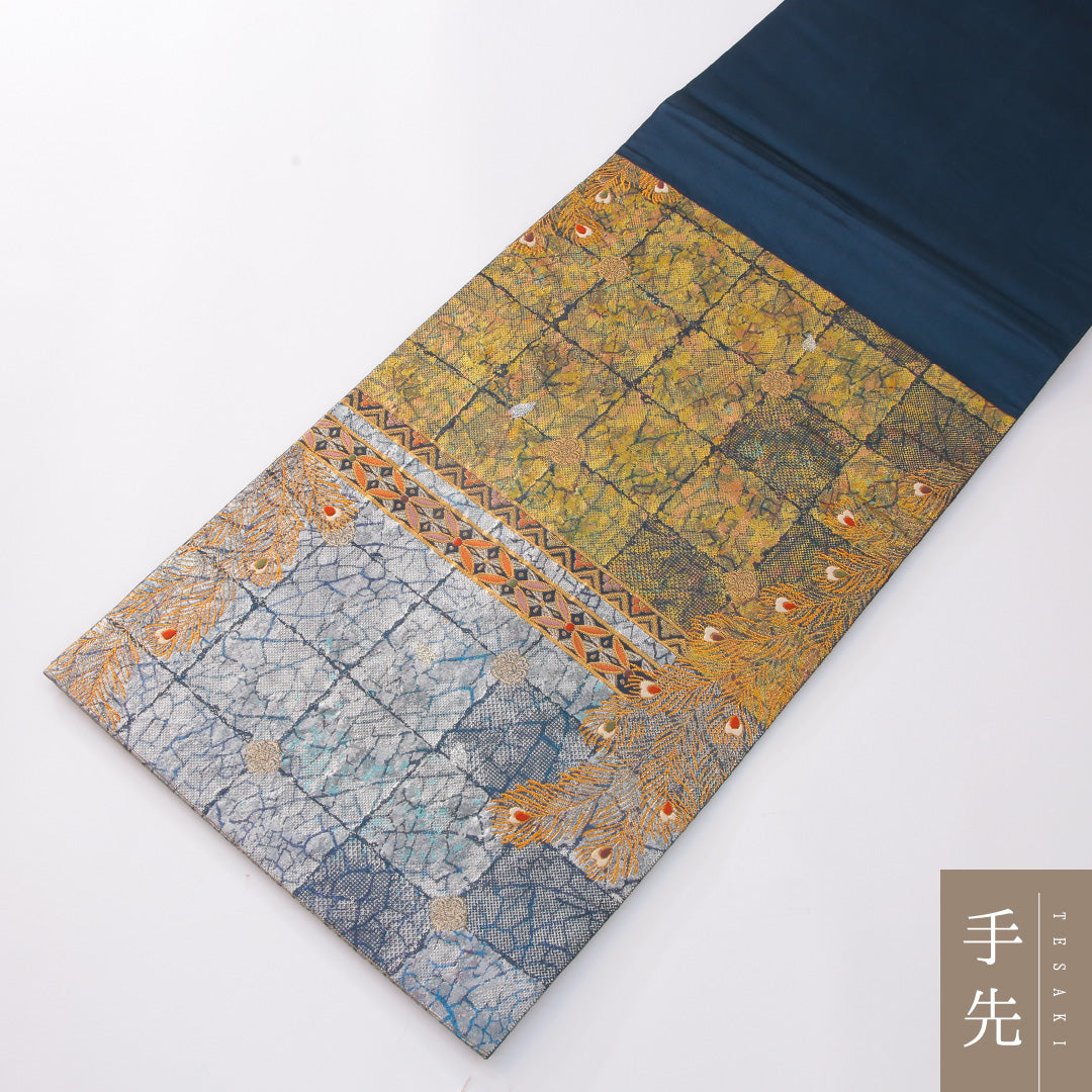 袋帯 帯丈438cm 正絹 六通 帯芯なし セミフォーマル 石畳 羽 有職文様 金系 銀系 1243-02280