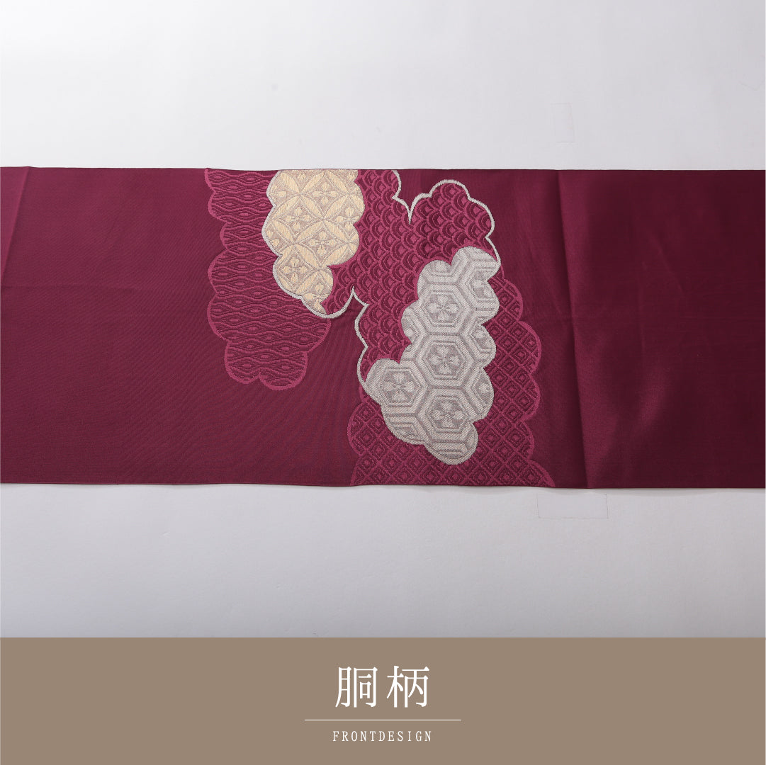 八寸名古屋帯 帯丈355cm セミフォーマル 松葉仕立て ポイント柄 Aランク 正絹 吉祥文様 雲取り 紫系 赤系 1224-03834