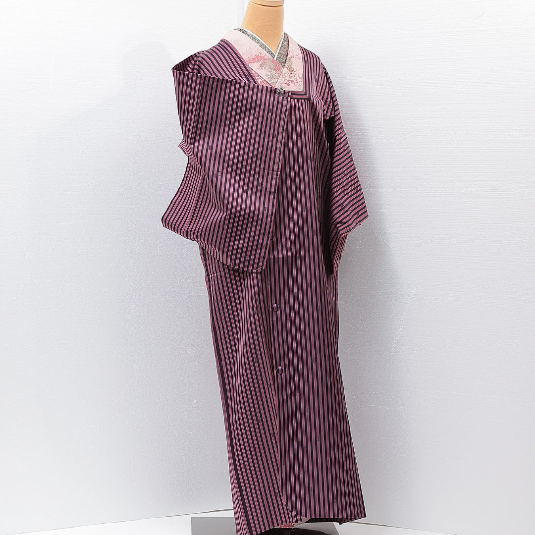 道行コート 単衣 身丈138cm 裄丈63cm 正絹 Sランク セミフォーマル Sサイズ ポケットあり 縞 紫系 RP 1237-15264